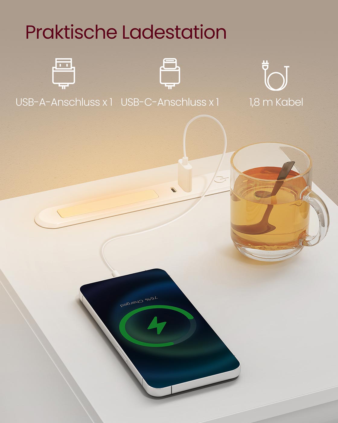 Naktsskapītis ar LED apgaismojumu, USB pieslēgvietām un atvilktni, 30 x 25 x 59,5 cm, balts - Image 5