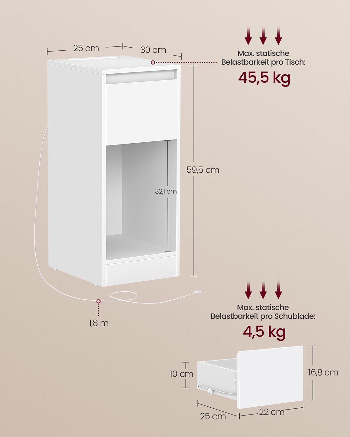 Naktsskapītis ar LED apgaismojumu, USB pieslēgvietām un atvilktni, 30 x 25 x 59,5 cm, balts - Image 6