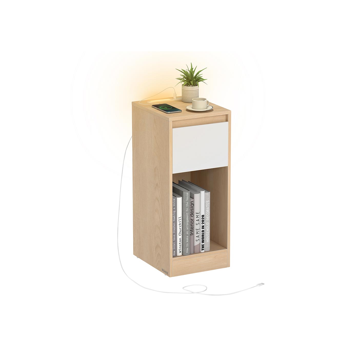 Öökapp LED-valgustuse, USB-portide ja sahtliga, 30 x 25 x 59,5 cm