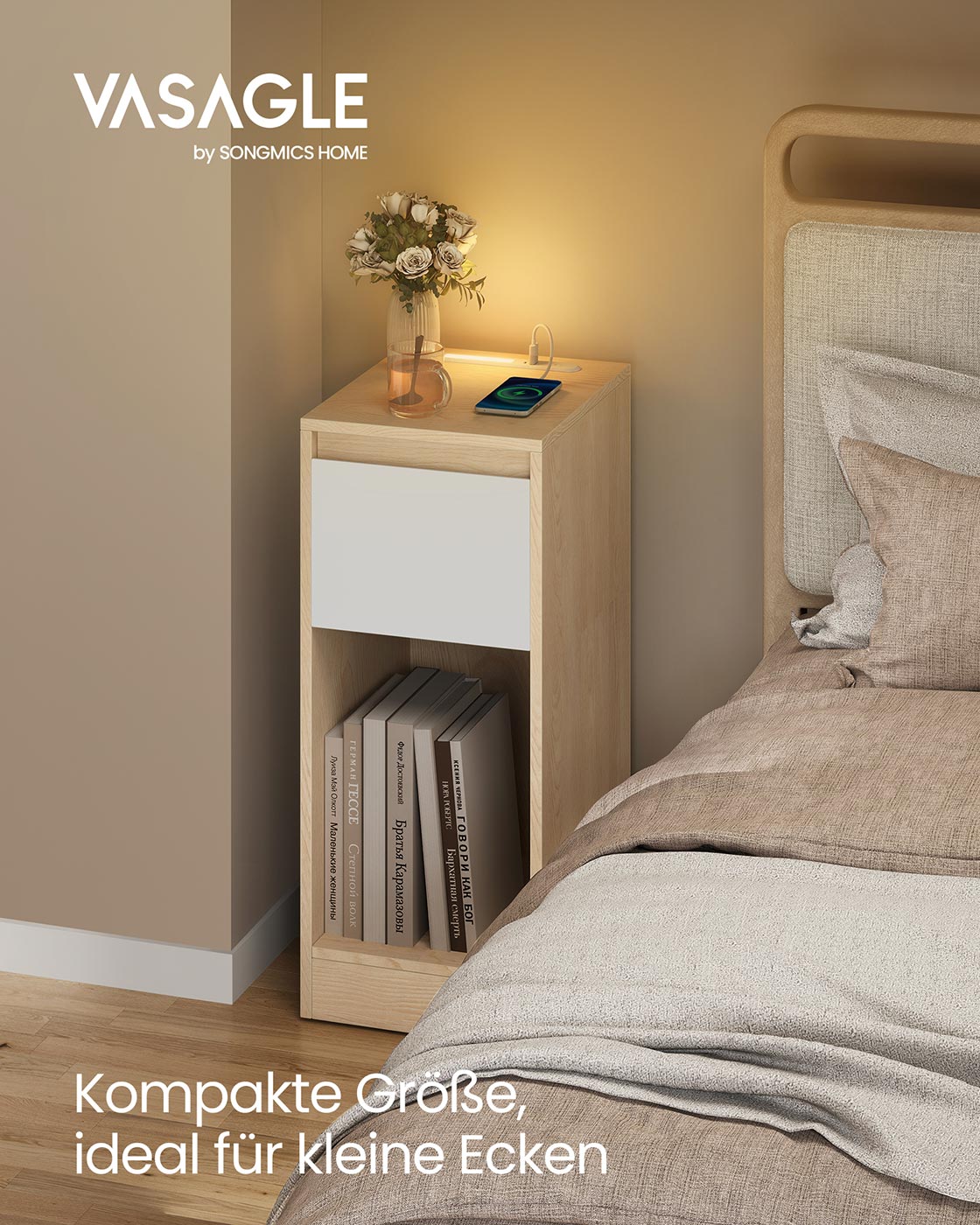 Yöpöytä LED-valolla, USB-liitännöillä ja laatikolla, 30 x 25 x 59,5 cm - Image 2