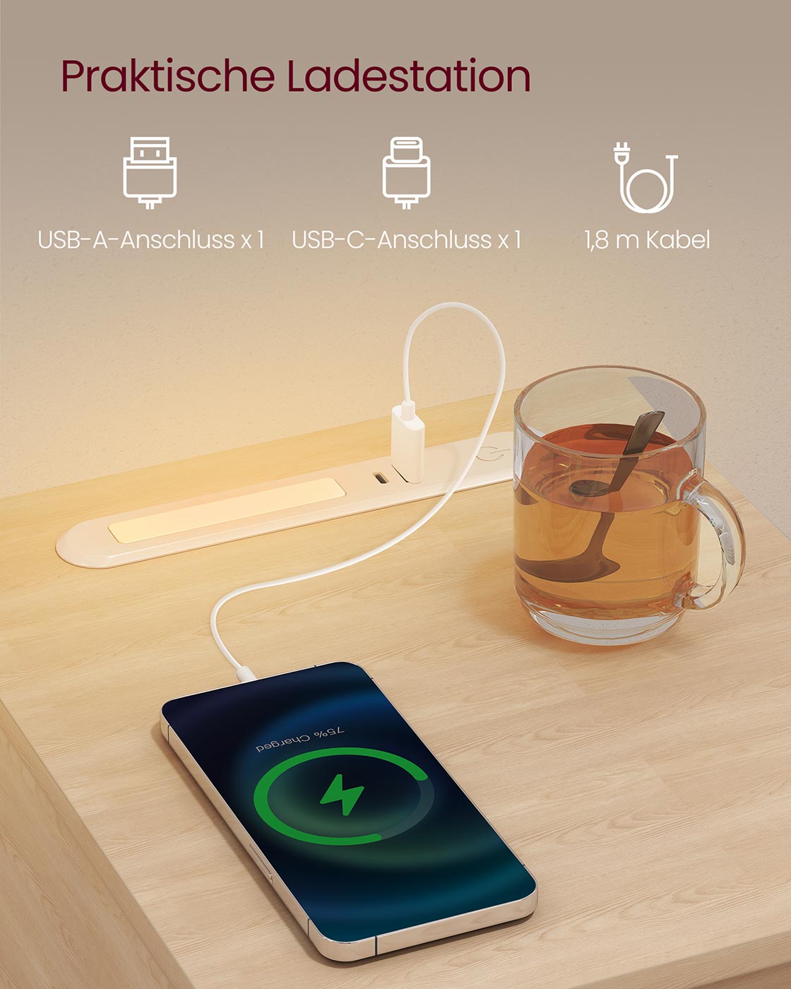 Yöpöytä LED-valolla, USB-liitännöillä ja laatikolla, 30 x 25 x 59,5 cm - Image 5