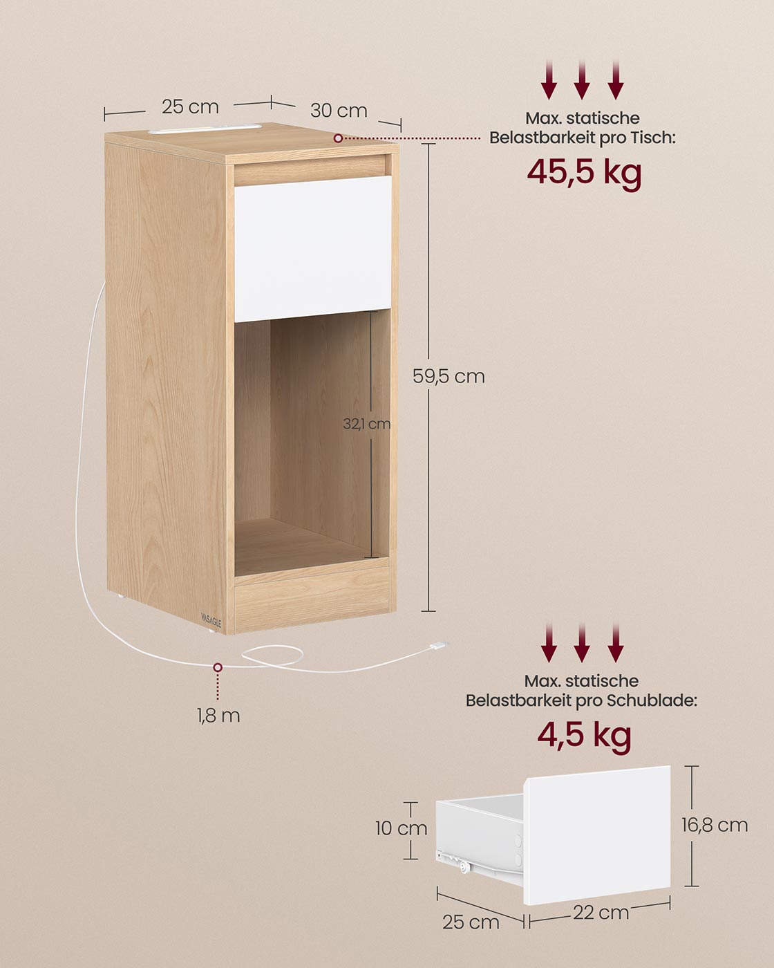 Yöpöytä LED-valolla, USB-liitännöillä ja laatikolla, 30 x 25 x 59,5 cm - Image 6