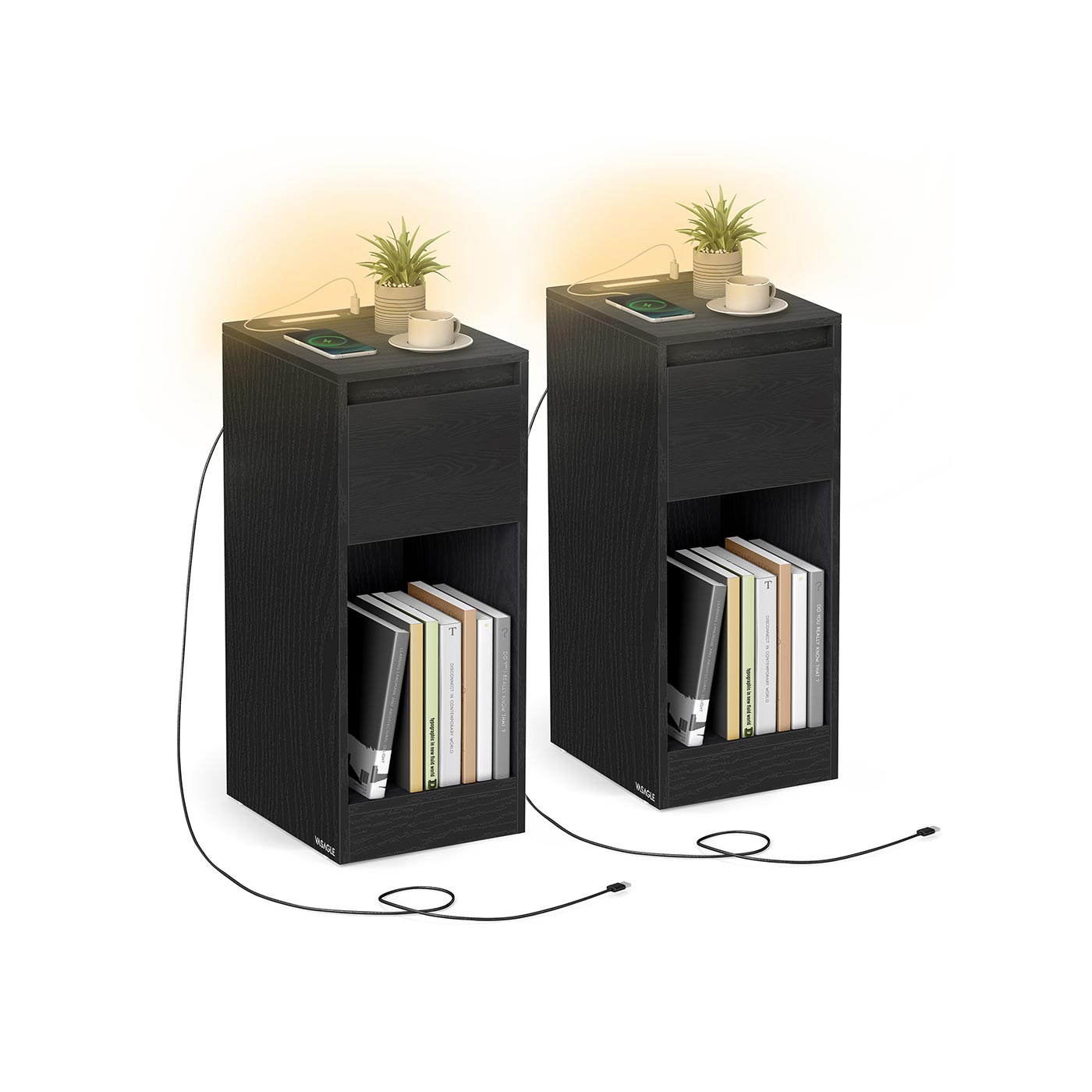 Öökapp LED-valgustuse, USB-portide ja sahtliga, 30 x 25 x 59,5 cm, must