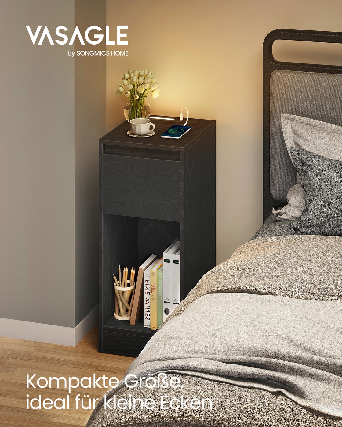 Öökapp LED-valgustuse, USB-portide ja sahtliga, 30 x 25 x 59,5 cm, must - Image 2