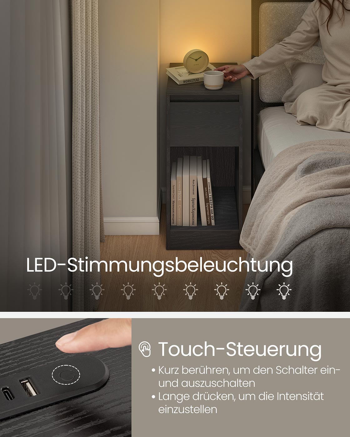 Öökapp LED-valgustuse, USB-portide ja sahtliga, 30 x 25 x 59,5 cm, must - Image 4