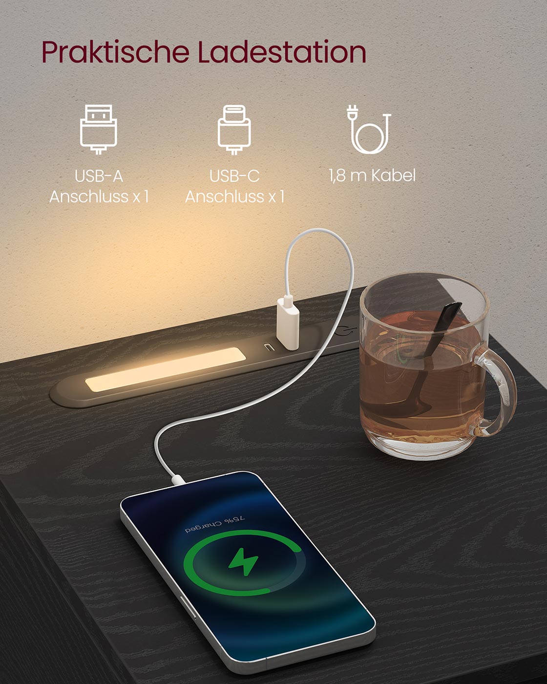 Öökapp LED-valgustuse, USB-portide ja sahtliga, 30 x 25 x 59,5 cm, must - Image 5