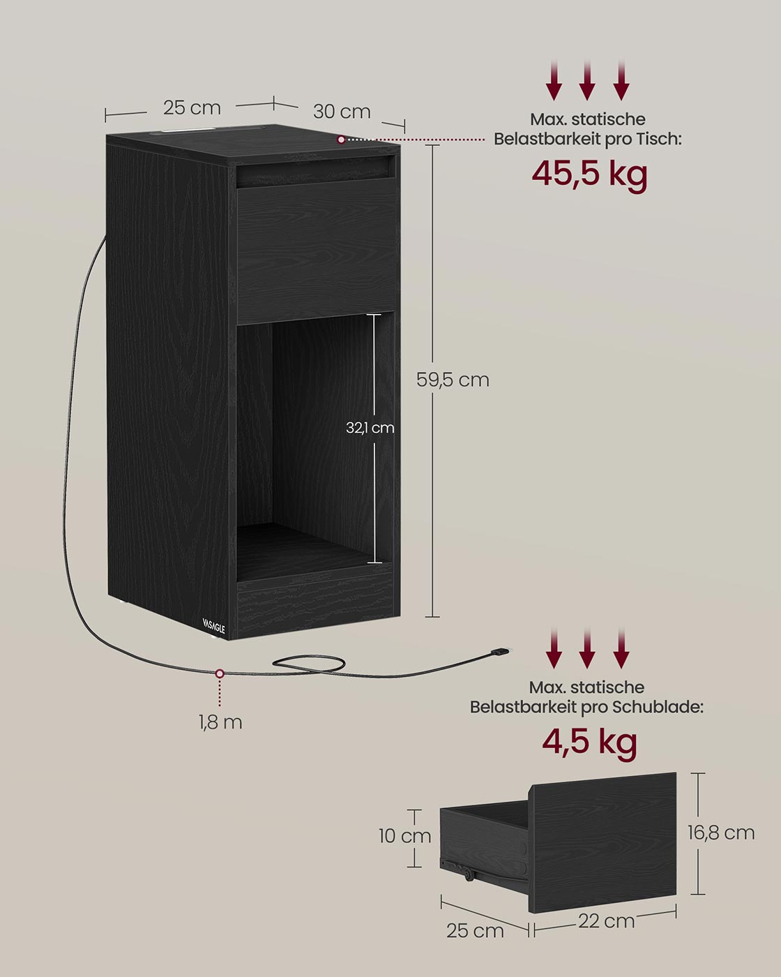 Öökapp LED-valgustuse, USB-portide ja sahtliga, 30 x 25 x 59,5 cm, must - Image 6