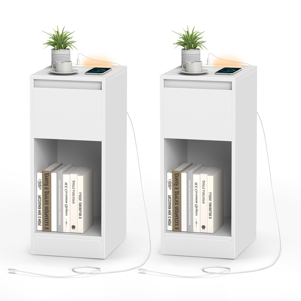 Kapea yöpöytä, 2 kpl setti, laatikko, avohylly, LED-valo, USB-liitännät, valkoinen