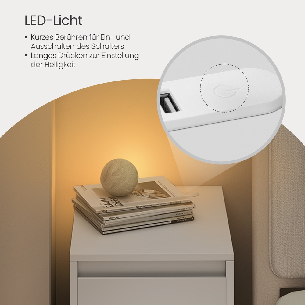 Siauras naktinis staliukas, 2 vnt. rinkinys, su stalčiumi, lentyna, LED, USB, baltas - Image 4