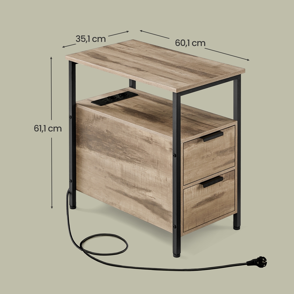 Naktsskapītis ar elektrības rozeti, 2 atvilktnēm, tērauds un skaidu plātne, 60 x 35 x 61 cm - Image 3