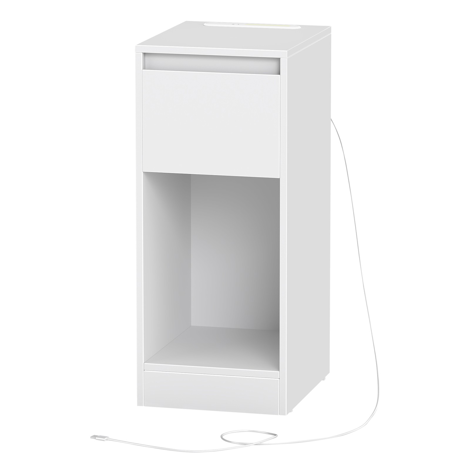 Kitsas öökapp LED-valgustuse, sahtli ja USB-pesadega, 30 x 25 x 59,5 cm, valge