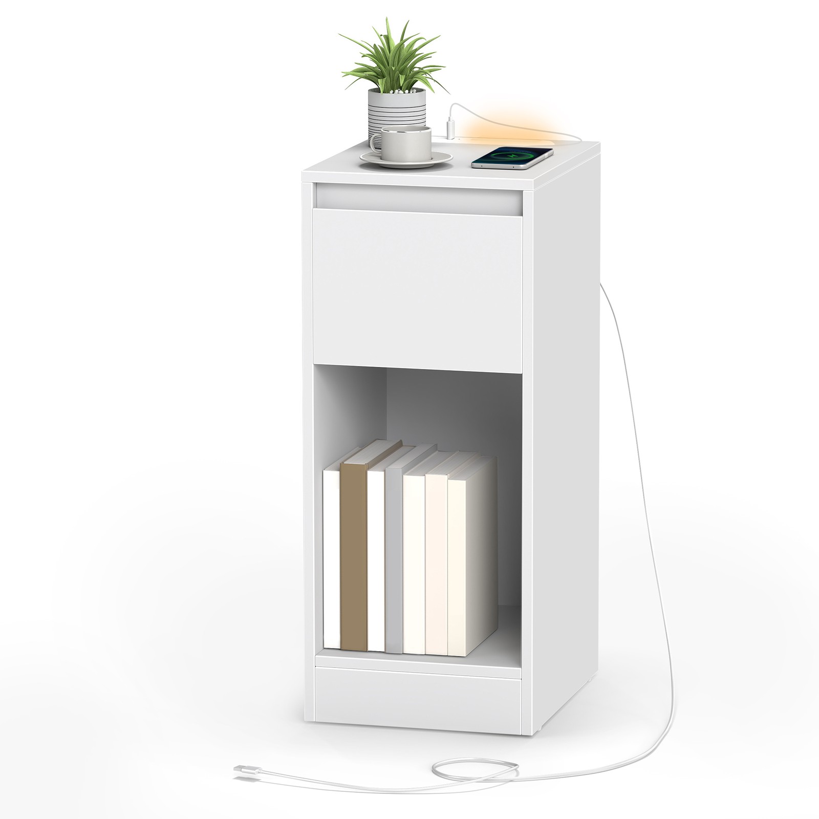 Siauras naktinis staliukas su LED apšvietimu, stalčiumi ir USB jungtimis, 30 x 25 x 59,5 cm - Image 2