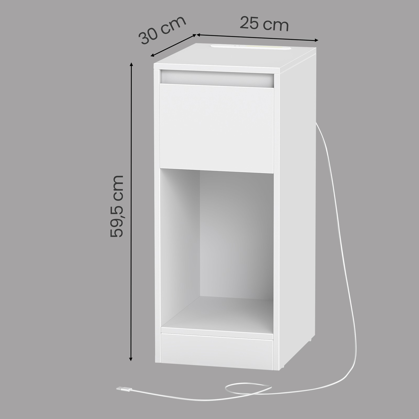 Siauras naktinis staliukas su LED apšvietimu, stalčiumi ir USB jungtimis, 30 x 25 x 59,5 cm - Image 3