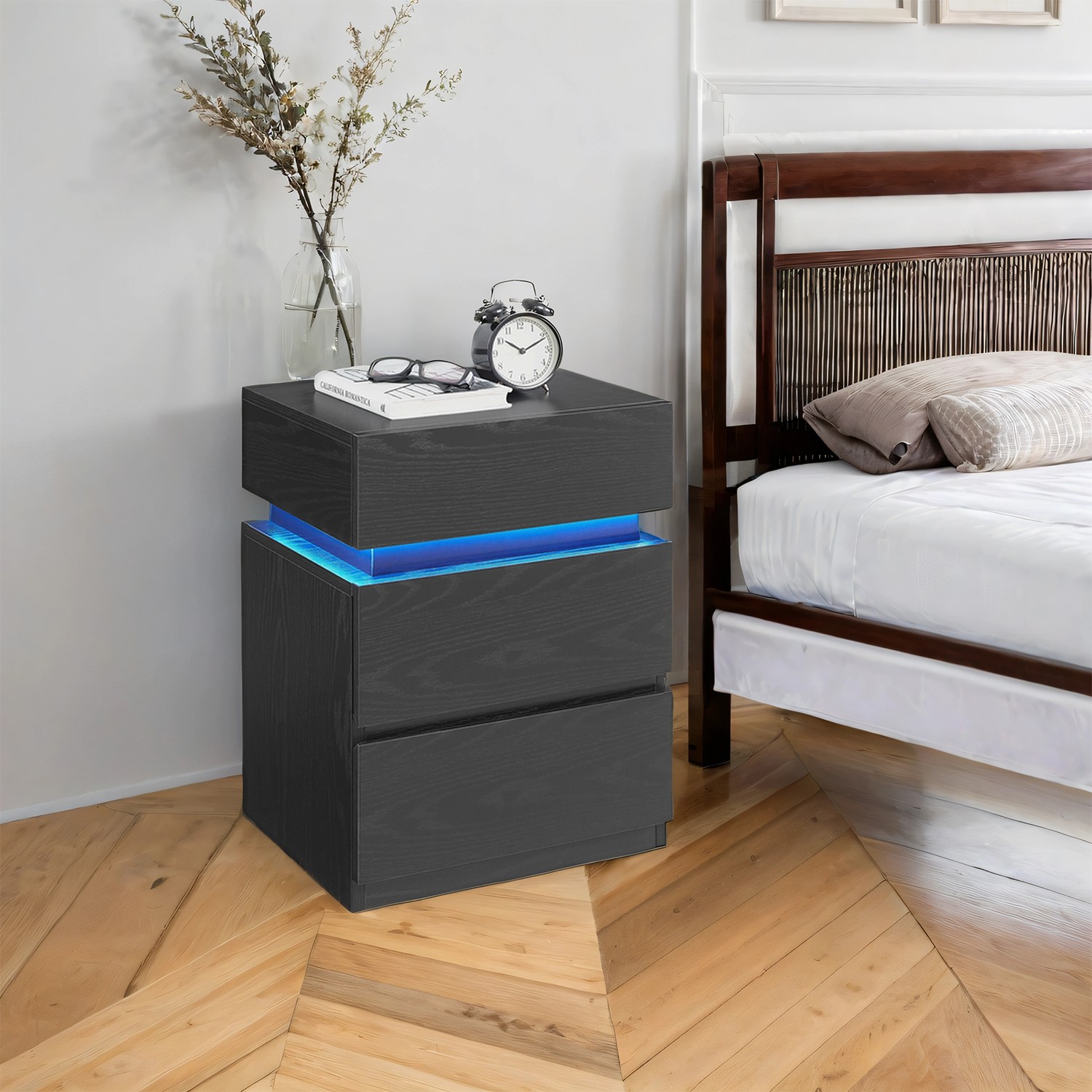 Öökapp LED-valgustusega, 3 sahtliga, must puidumustriga, 35,1 x 40,1 x 55,1 cm