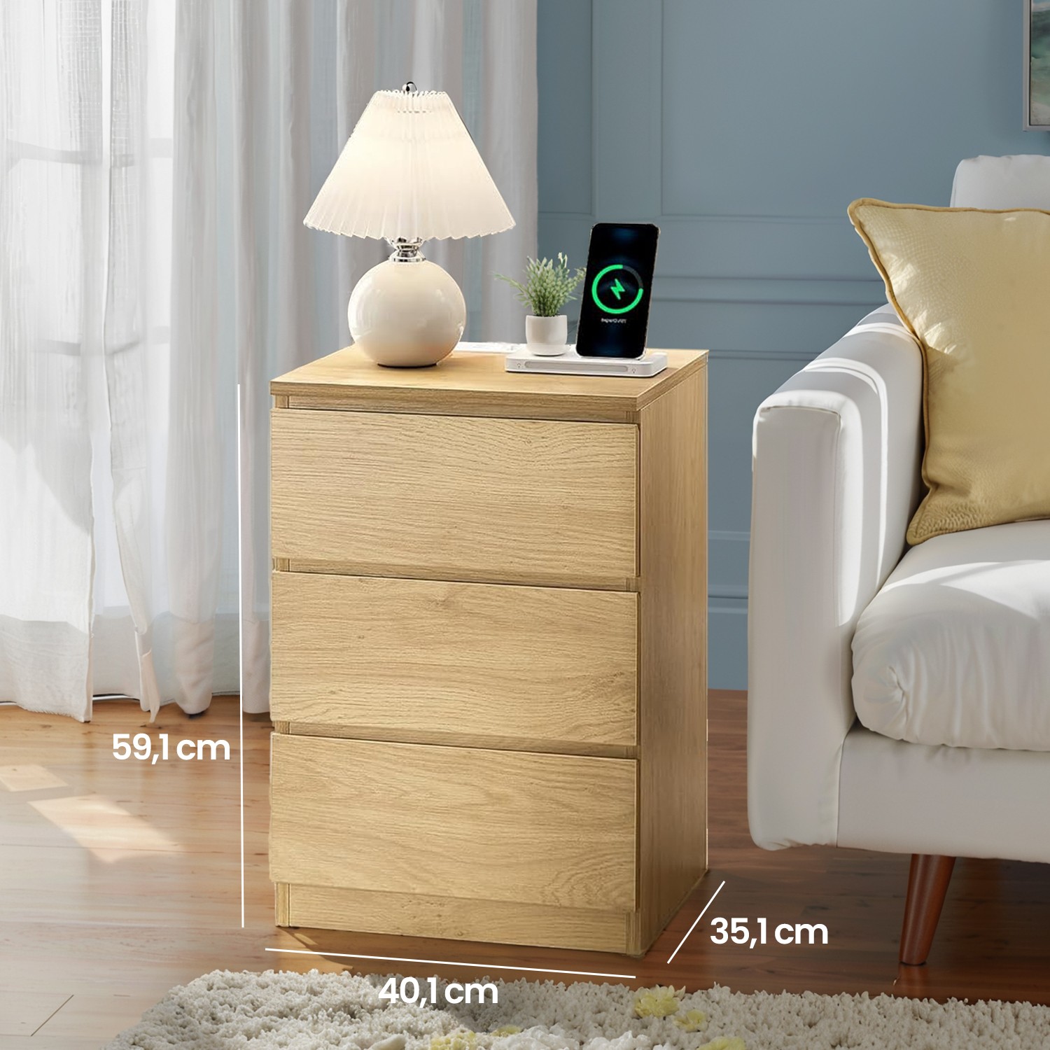 Moderni yöpöytä 3 laatikolla, 35 x 40 x 59 cm, pistorasioilla ja USB-A-porteilla - Image 5
