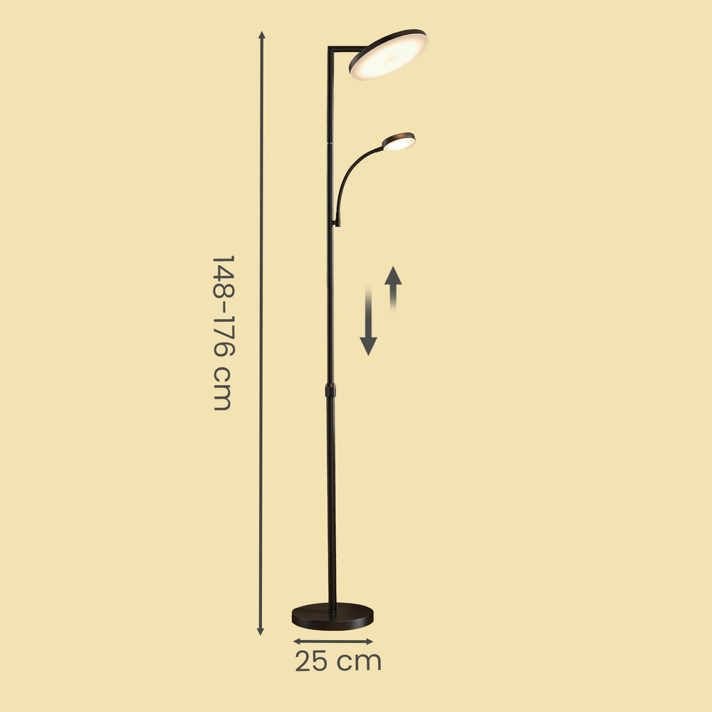 LED pastatomas šviestuvas, reguliuojamo aukščio, su skaitymo lempa, juodas, 25 x 25 x 148–176 cm - Image 3