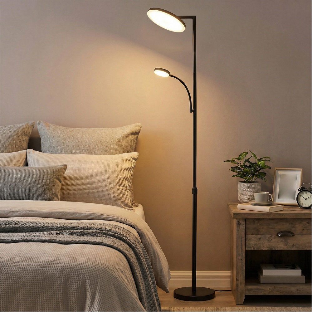 LED pastatomas šviestuvas, reguliuojamo aukščio, su skaitymo lempa, juodas, 25 x 25 x 148–176 cm - Image 5
