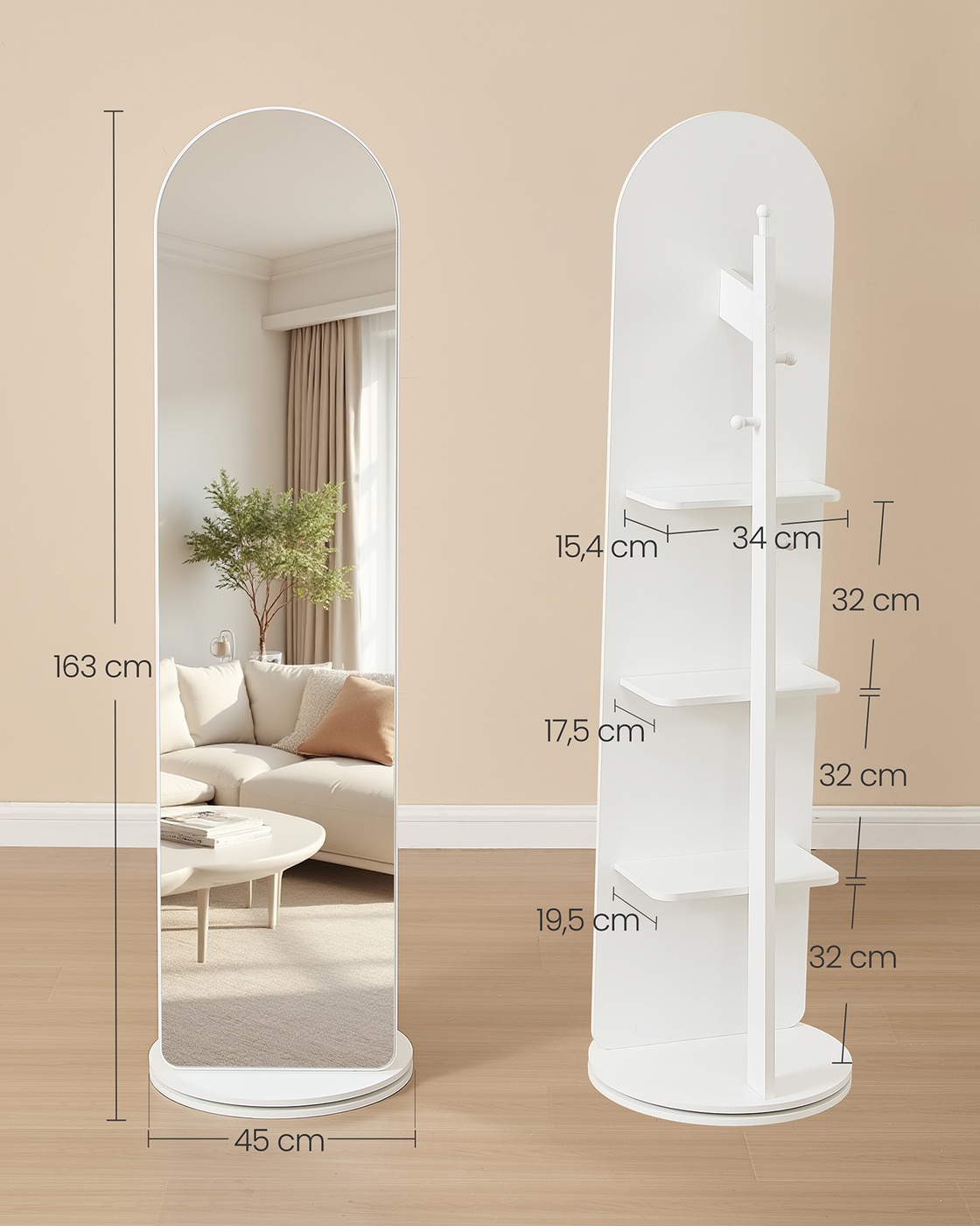 Pastatomas viso ūgio veidrodis, 45 x 163 cm, pasukamas 360°, su lentynomis ir kabliukais, baltas - Image 5