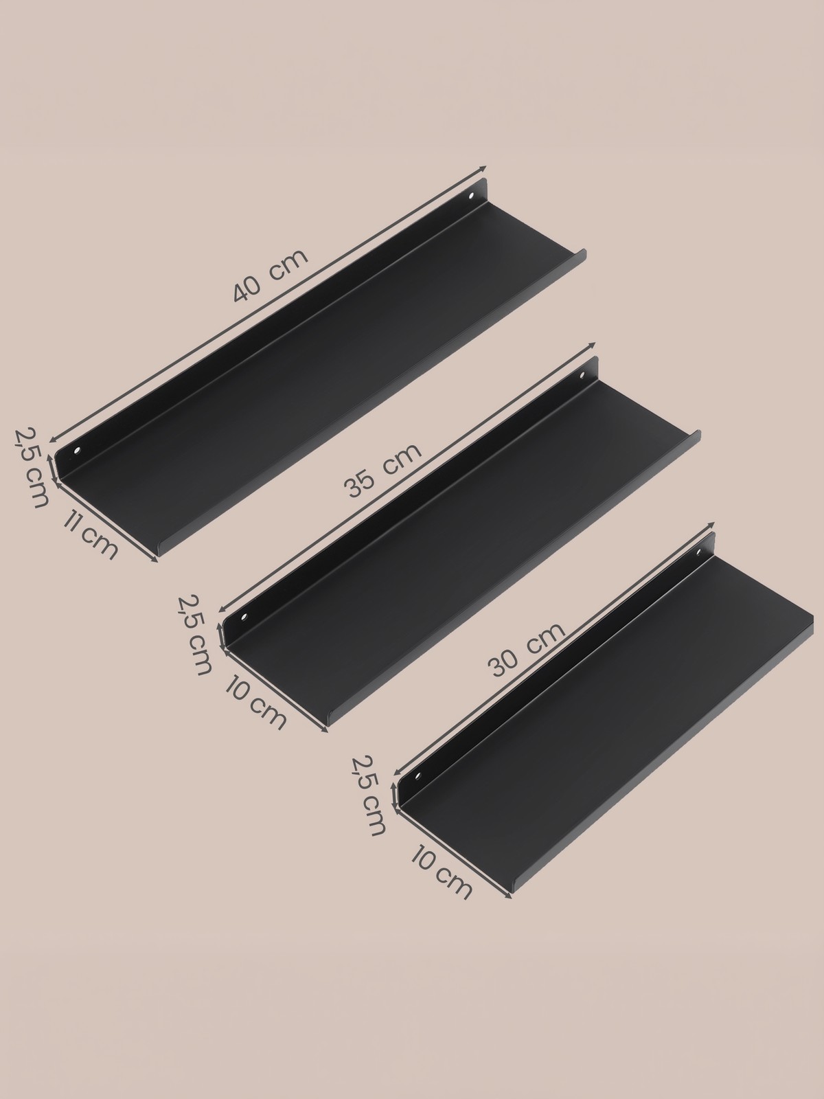 Sieninės lentynos, 3 vnt. rinkinys, juodos, plieninės, 30–40 cm - Image 5