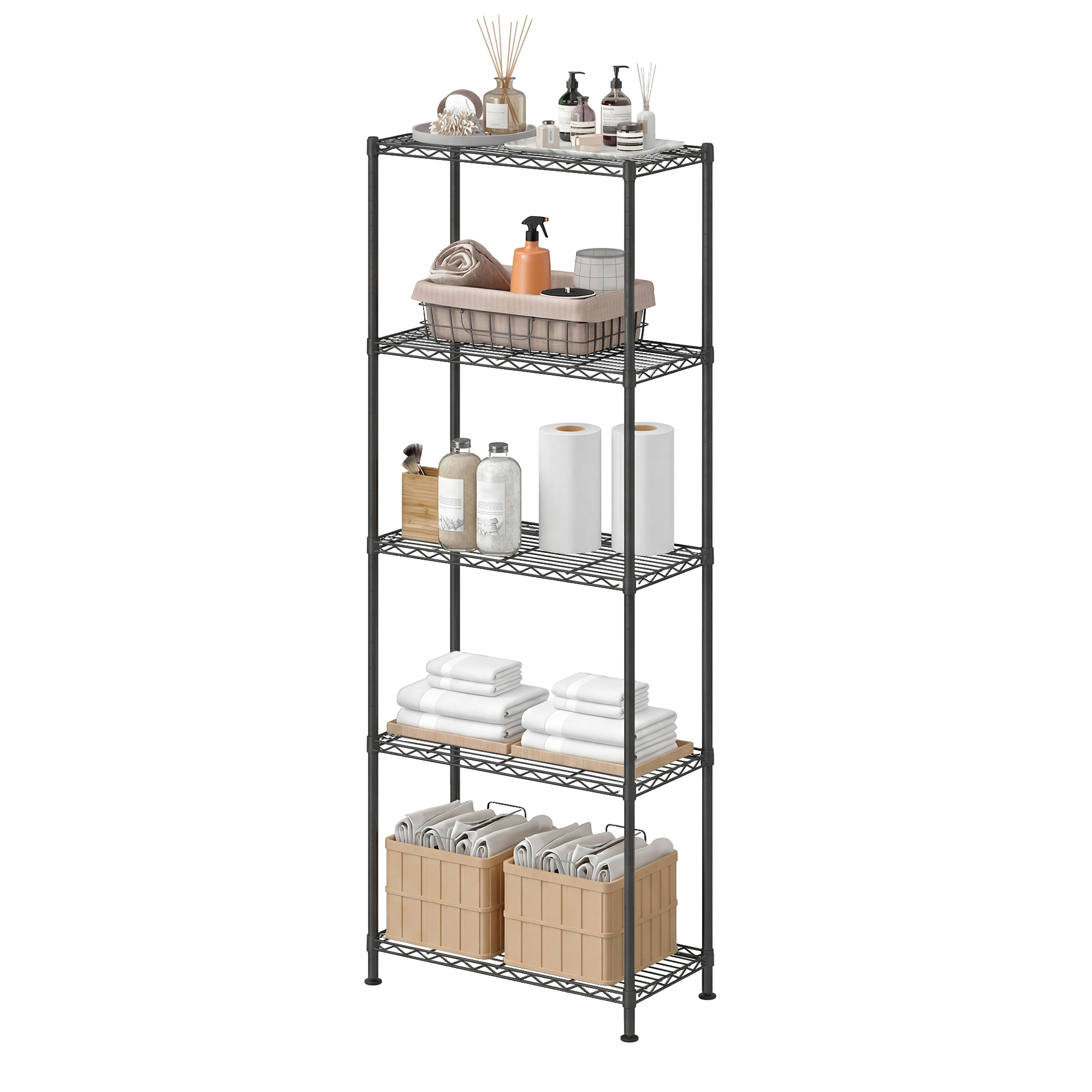 Metāla uzglabāšanas plaukts ar 5 līmeņiem, regulējami plaukti, 30 x 60 x 161 cm, melns - Image 2