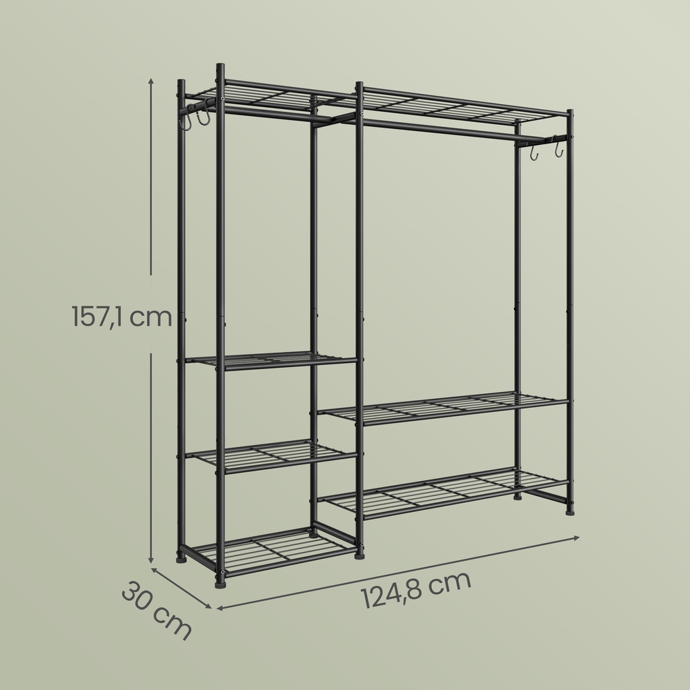 Drēbju statīvs ar 7 plauktiem, 2 stangām un 4 S āķiem, tērauda, melns, 30 x 124,8 x 157,1 cm - Image 3