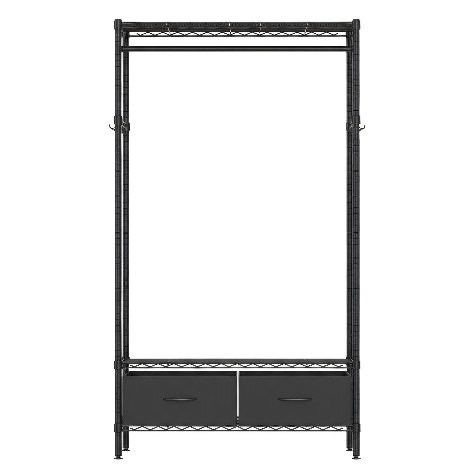 Avoin vaateteline verkkohyllyillä, 2 laatikolla ja vaatetangolla, teräs, musta, 40 x 90 x 180 cm