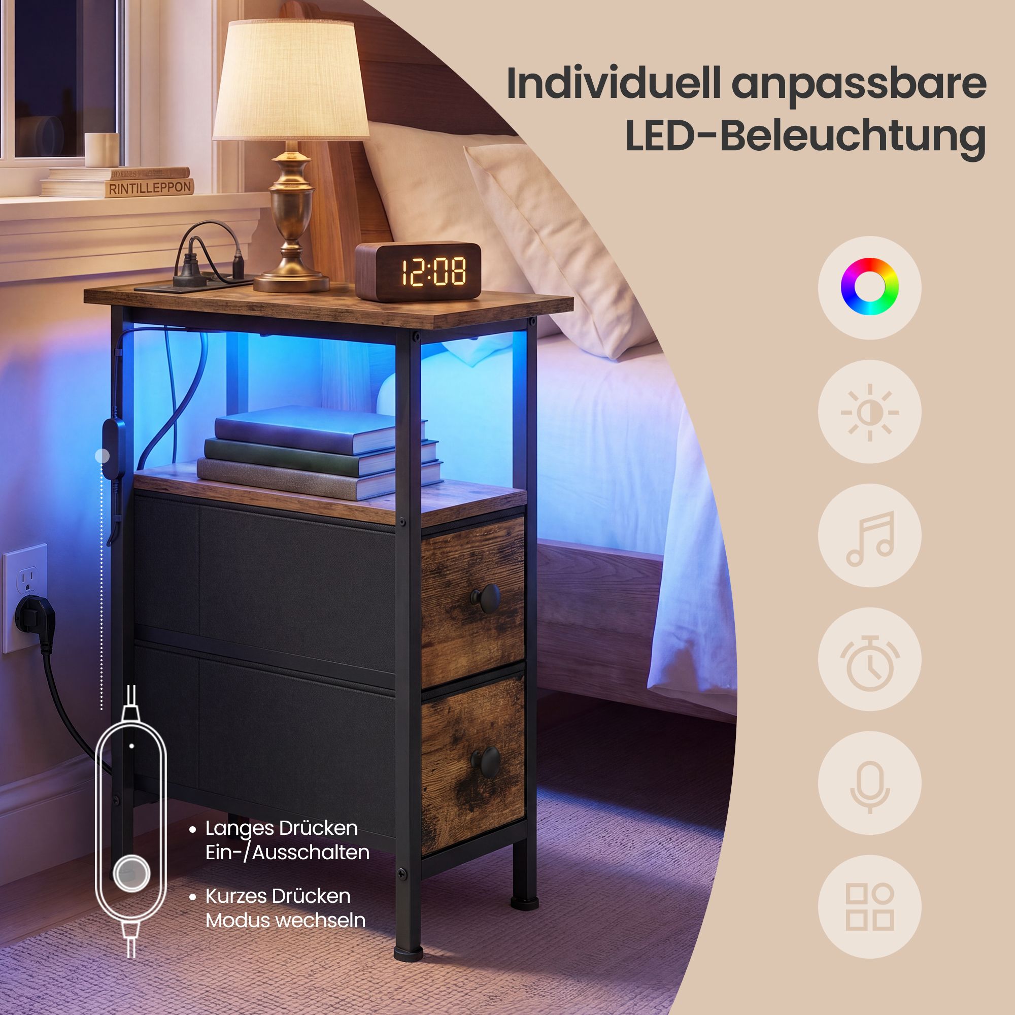Šoninis staliukas su LED apšvietimu, 2 stalčiais ir kištukinių lizdų juosta, rudas - Image 7