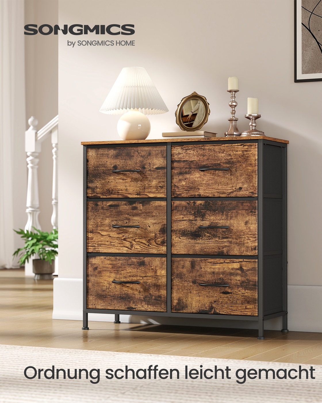 Kumode ar 6 auduma atvilktnēm, 30 x 76,7 x 73,7 cm, vintage brūna, melna - Image 2
