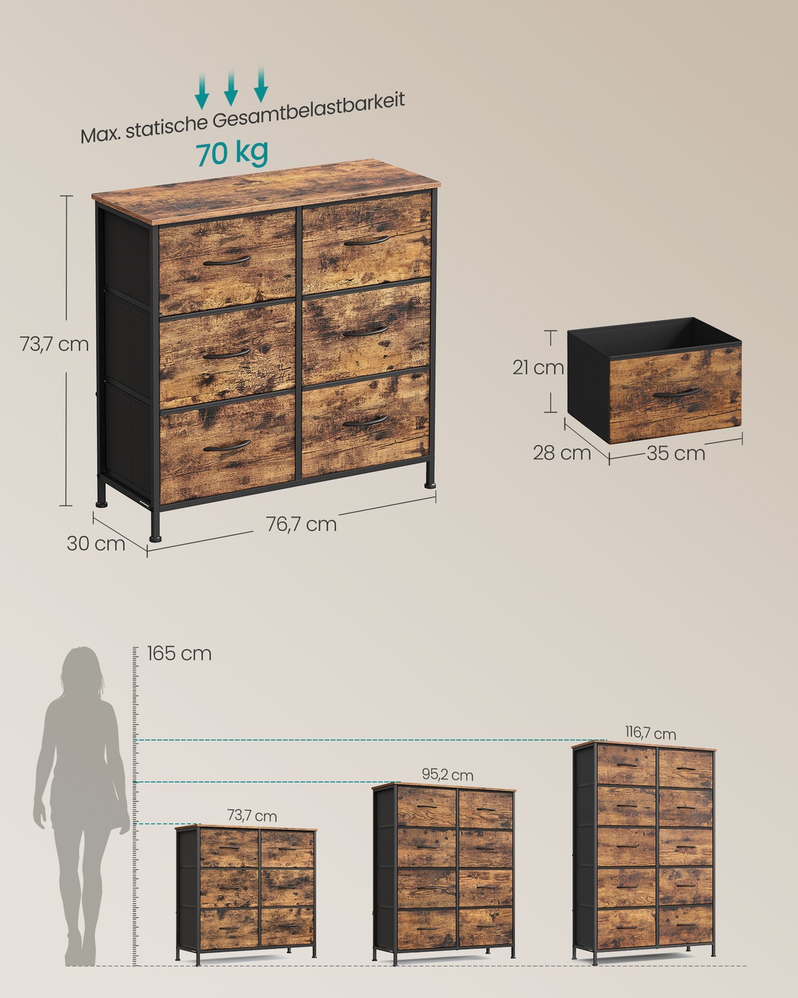 Kumode ar 6 auduma atvilktnēm, 30 x 76,7 x 73,7 cm, vintage brūna, melna - Image 5