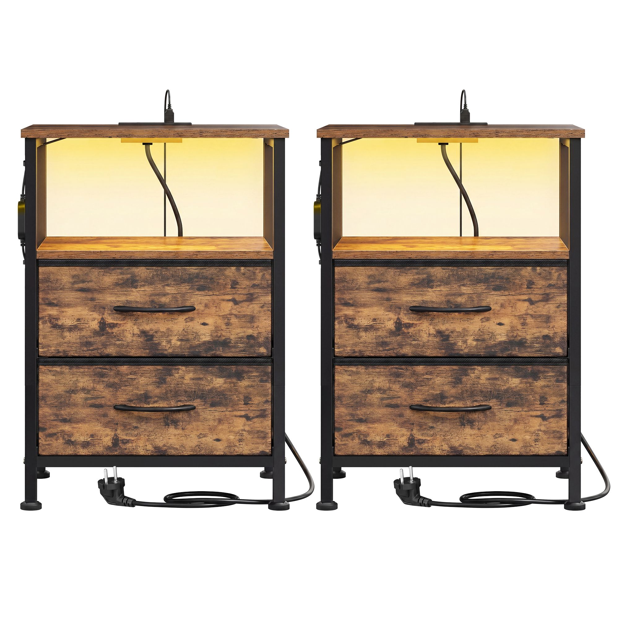 Öökapp LED-valgustuse ja laadimisjaamaga, 2 sahtlit, 30 x 39,6 x 60,4 cm