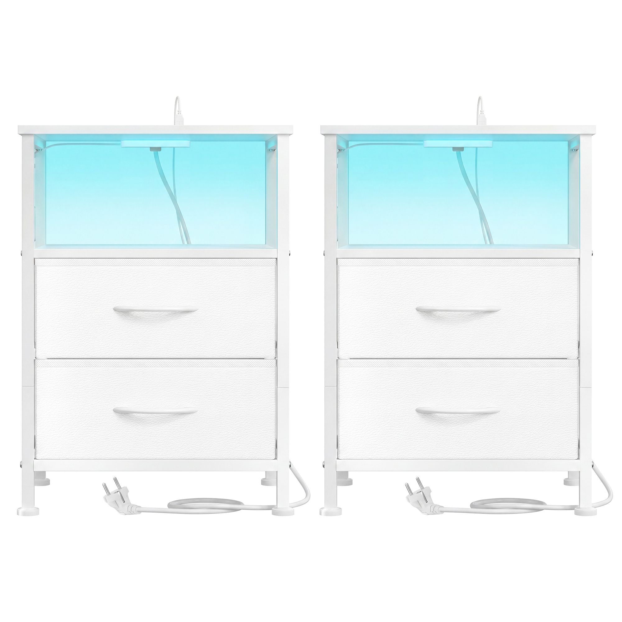 Öökapp LED-valgustuse ja laadimisjaamaga, 2 sahtlit, valge, 30 x 39,6 x 60,4 cm