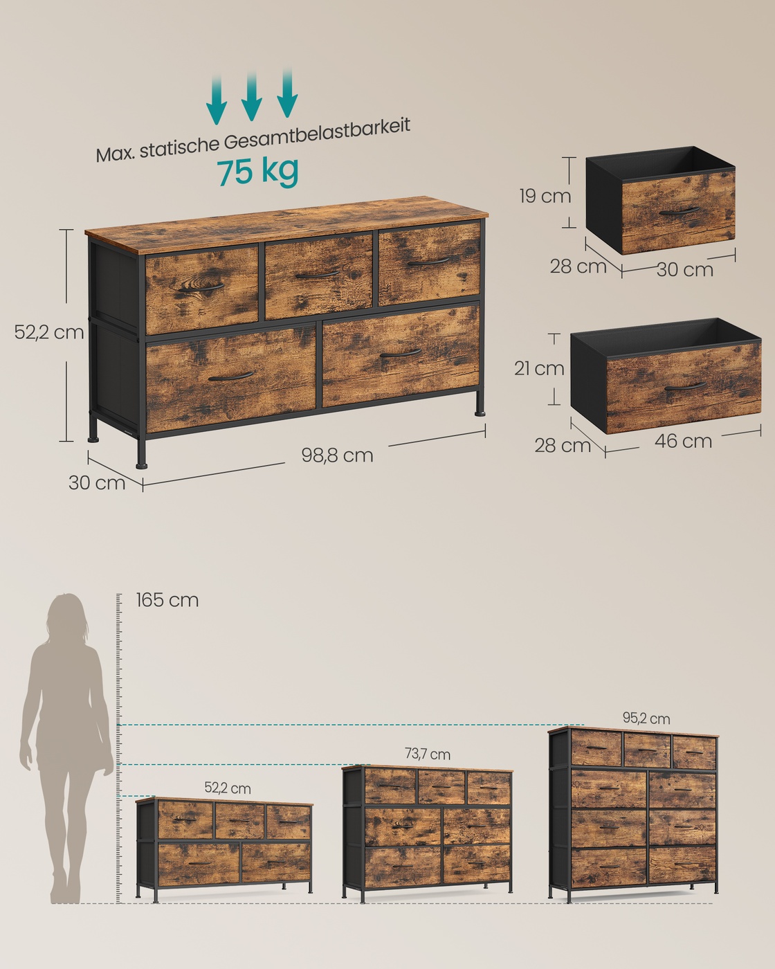 Säilytyskaappi 4 kangaslaatikolla, 30 x 98,8 x 52,2 cm, vintage ruskea ja musta - Image 5