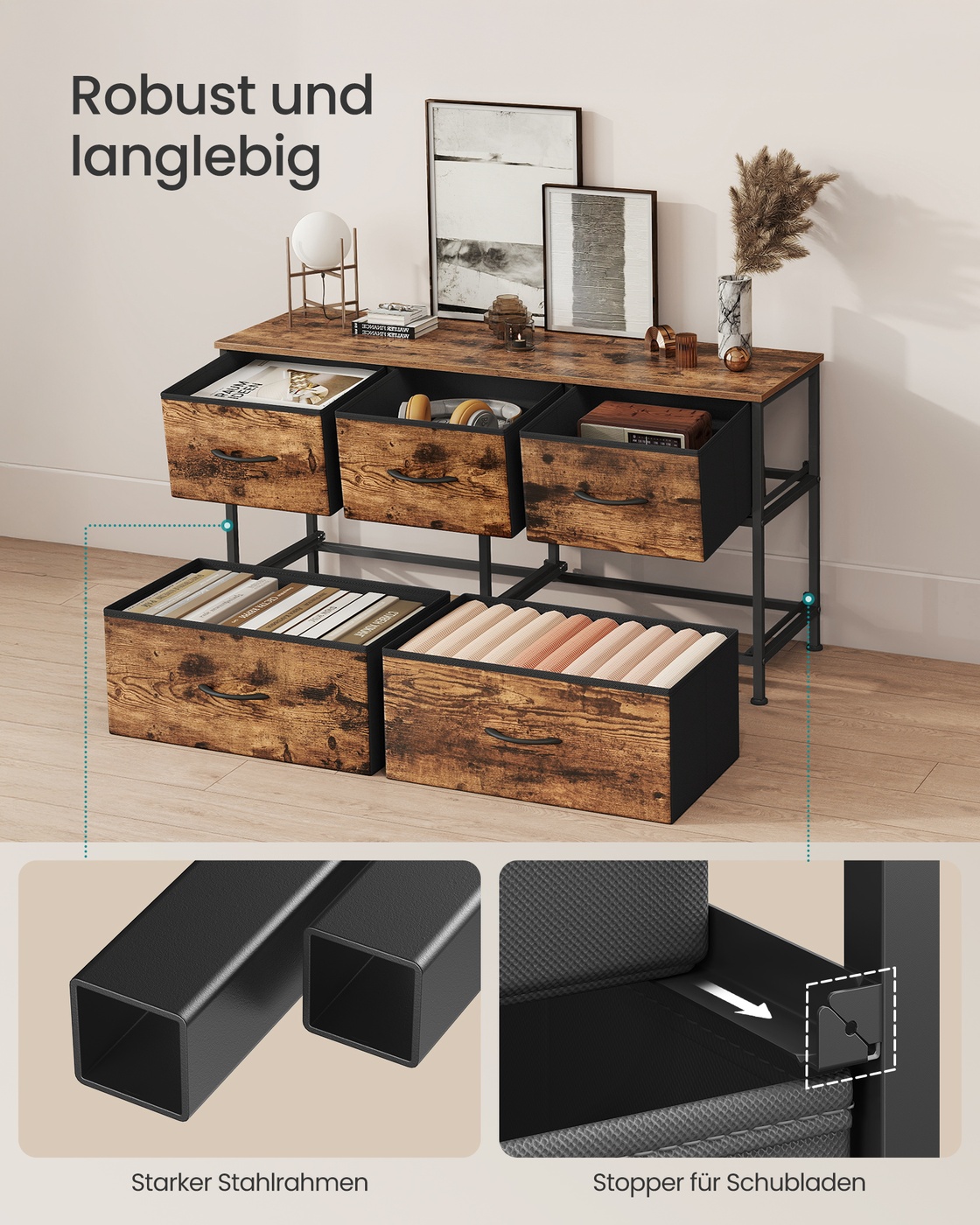 Säilytyskaappi 4 kangaslaatikolla, 30 x 98,8 x 52,2 cm, vintage ruskea ja musta - Image 6