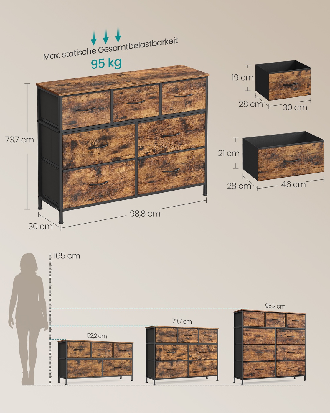 Daiktų laikymo spintelė su 7 medžiaginiais stalčiais, 30 x 98,8 x 73,7 cm, ruda-juoda - Image 5