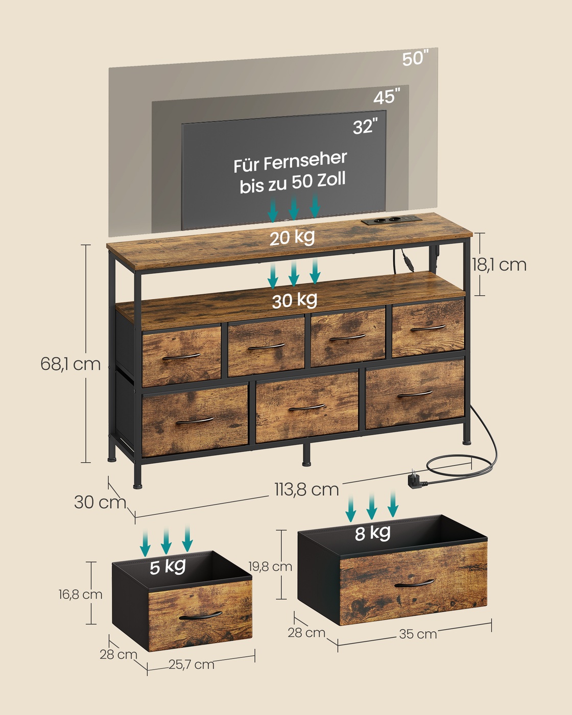 Komoda su 7 stalčiais ir 1 lentyna, 30 x 113,8 x 68,1 cm, vintažinė ruda, juoda - Image 6
