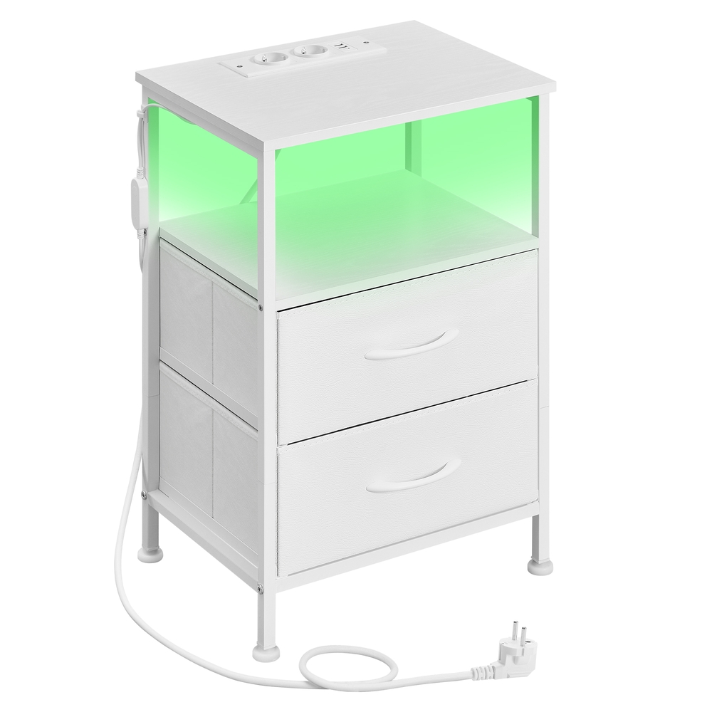 Öökapp LED-valgustuse ja laadimisjaamaga, 2 sahtlit, valge, 30 x 39,6 x 60,4 cm