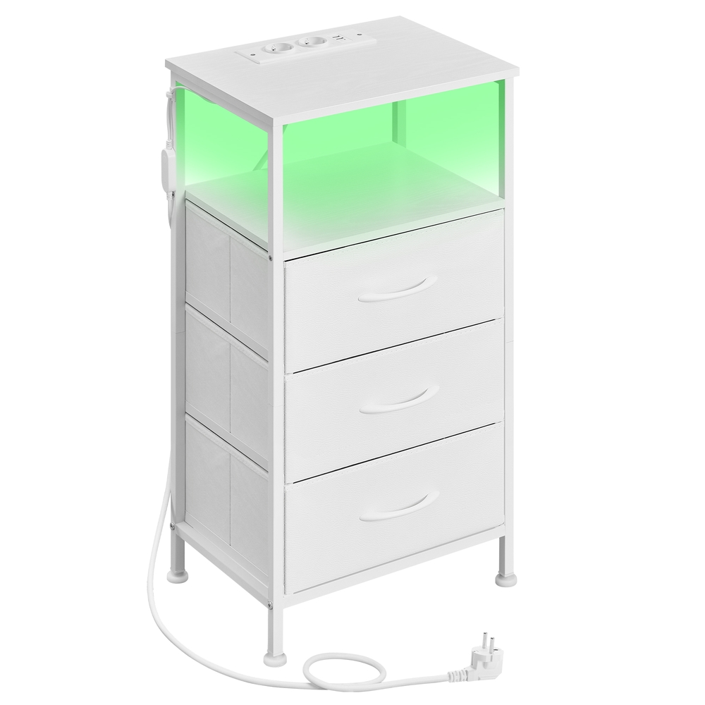 Öökapp LED-valgustuse ja laadimisjaamaga, 3 sahtlit, valge, 30 x 39,6 x 75,9 cm