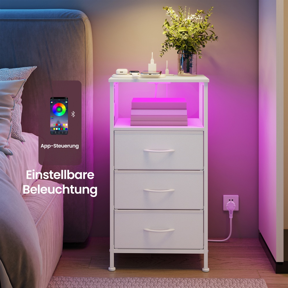 Naktinis staliukas su LED apšvietimu ir įkrovimo stotele, 3 stalčiai, baltas, 30 x 39,6 x 75,9 cm - Image 4