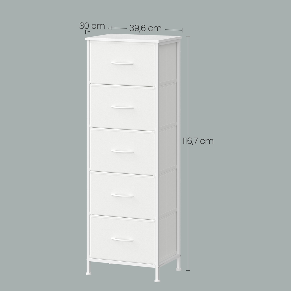 Uzglabāšanas skapītis ar 4 auduma atvilktnēm, balts, MDF un tērauds, 30 x 39,6 x 116,7 cm - Image 3