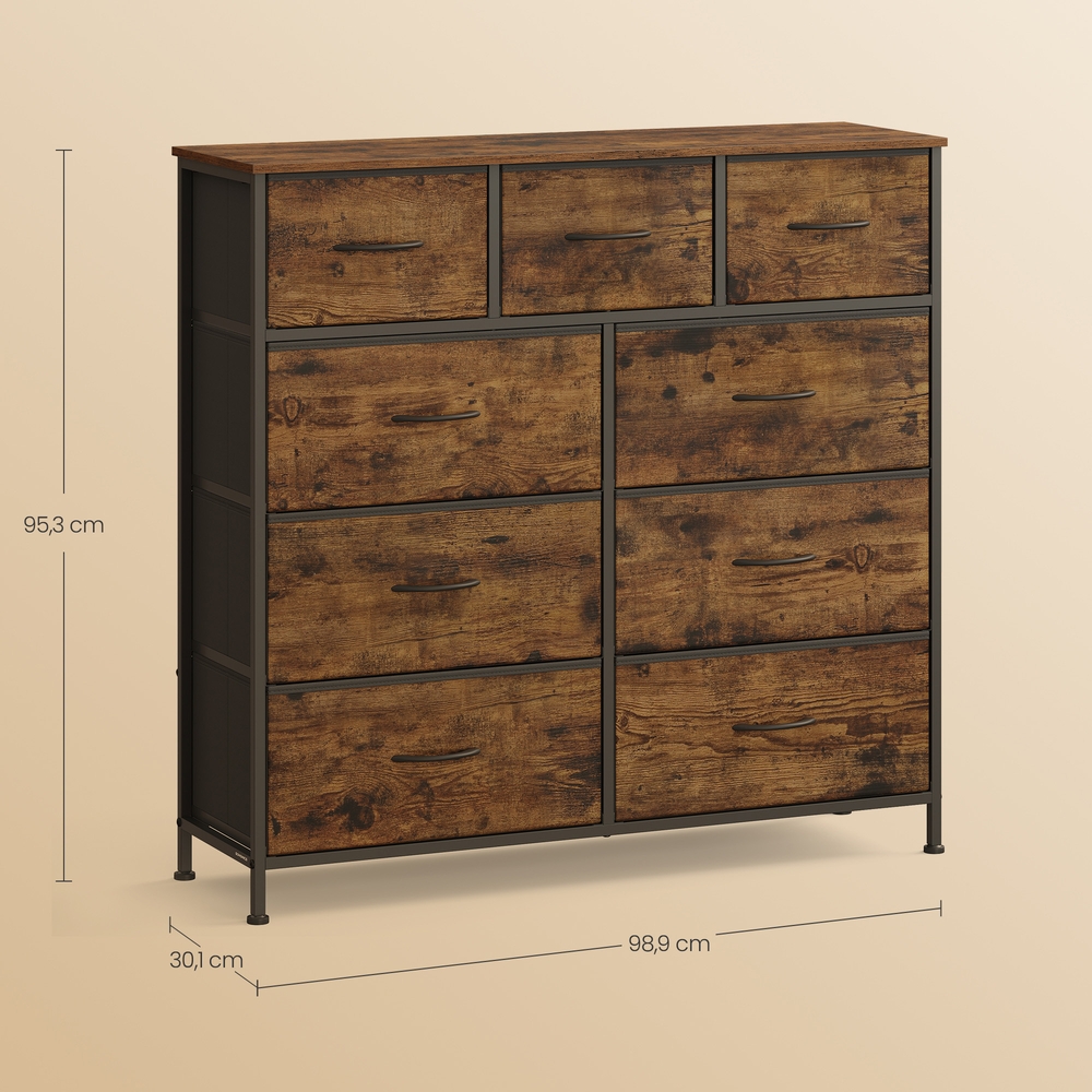 Komoda su 9 medžiaginiais stalčiais, MDF, plienas, ruda-juoda, 30 x 98,8 x 95,2 cm - Image 2