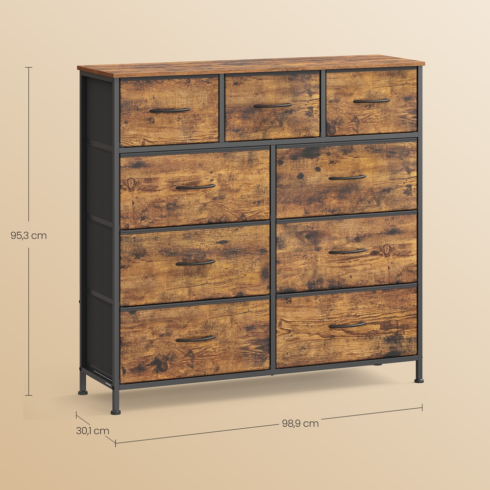 Komoda su 9 medžiaginiais stalčiais, MDF, plienas, ruda-juoda, 30 x 98,8 x 95,2 cm - Image 7