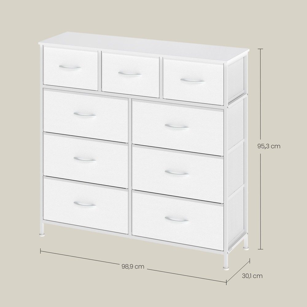 Komoda su 9 medžiaginiais stalčiais, 30 x 98,8 x 95,2 cm, balta, plienas ir MDF - Image 3