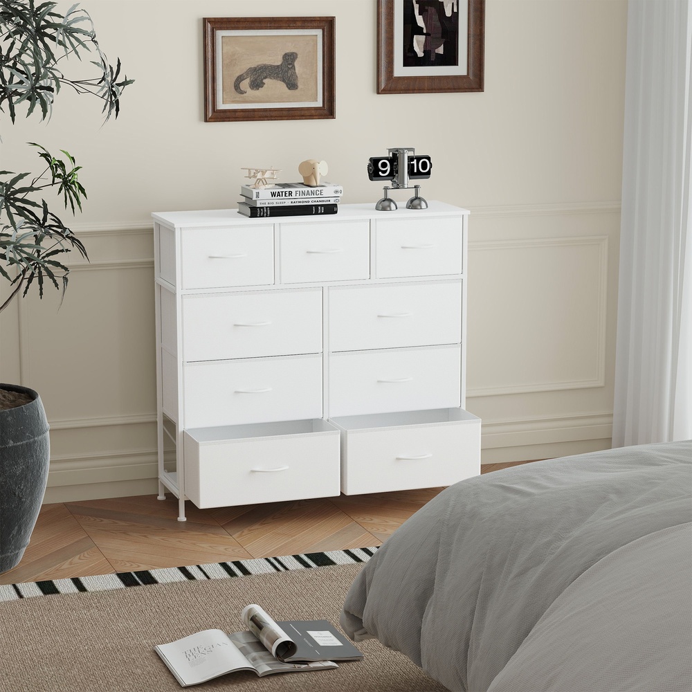 Komoda su 9 medžiaginiais stalčiais, 30 x 98,8 x 95,2 cm, balta, plienas ir MDF - Image 5