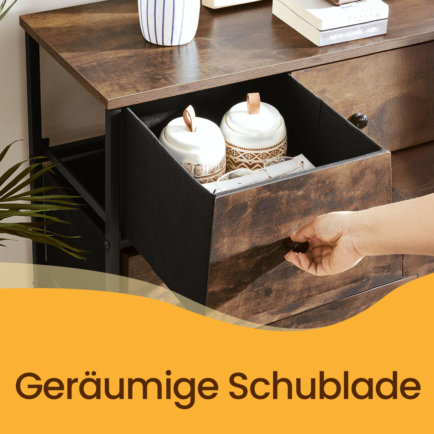 Kumode ar auduma atvilktnēm, 56 x 30 x 89,3 cm, MDF un metāls, vintāžas brūna-melna - Image 4