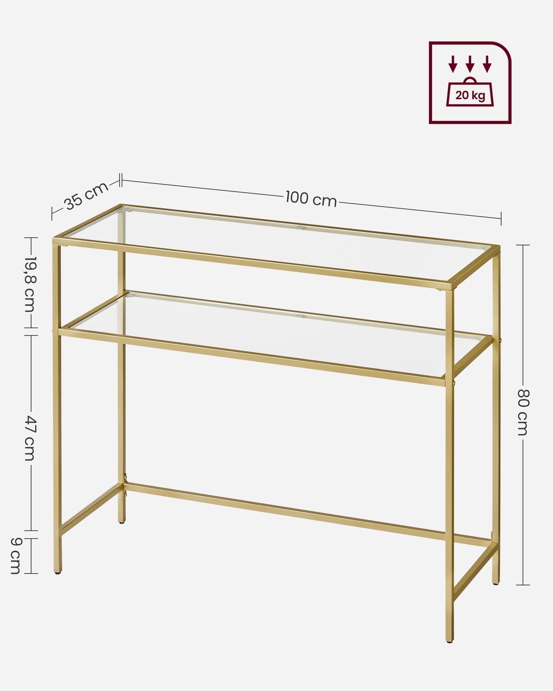 Konsoles galds ar 2 plauktiem, metāls un stikls, zelta krāsā, 100 x 35 x 80 cm - Image 5