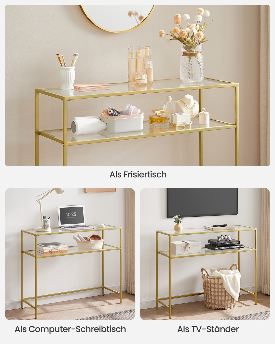 Konsoles galds ar 2 plauktiem, metāls un stikls, zelta krāsā, 100 x 35 x 80 cm - Image 6