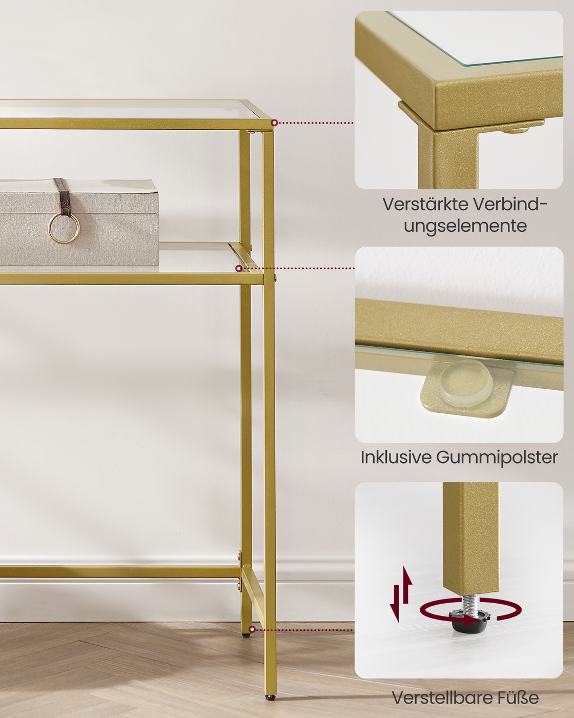 Konsoles galds ar 2 plauktiem, metāls un stikls, zelta krāsā, 100 x 35 x 80 cm - Image 7
