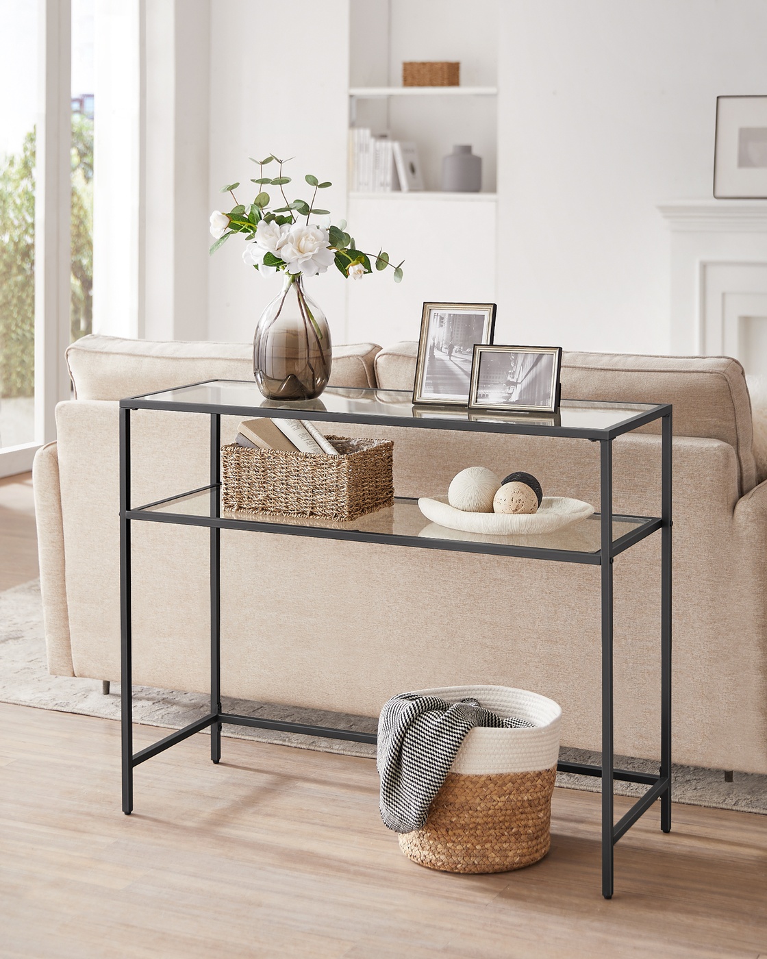 Konsoles galds ar 2 plauktiem, melns, metāls un stikls, 100 x 35 x 80 cm - Image 3