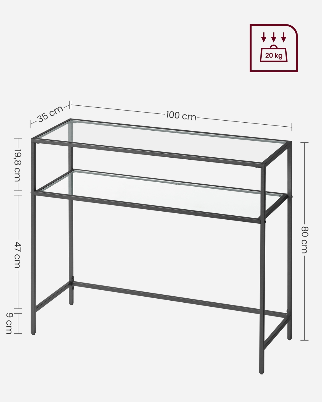 Konsoles galds ar 2 plauktiem, melns, metāls un stikls, 100 x 35 x 80 cm - Image 6