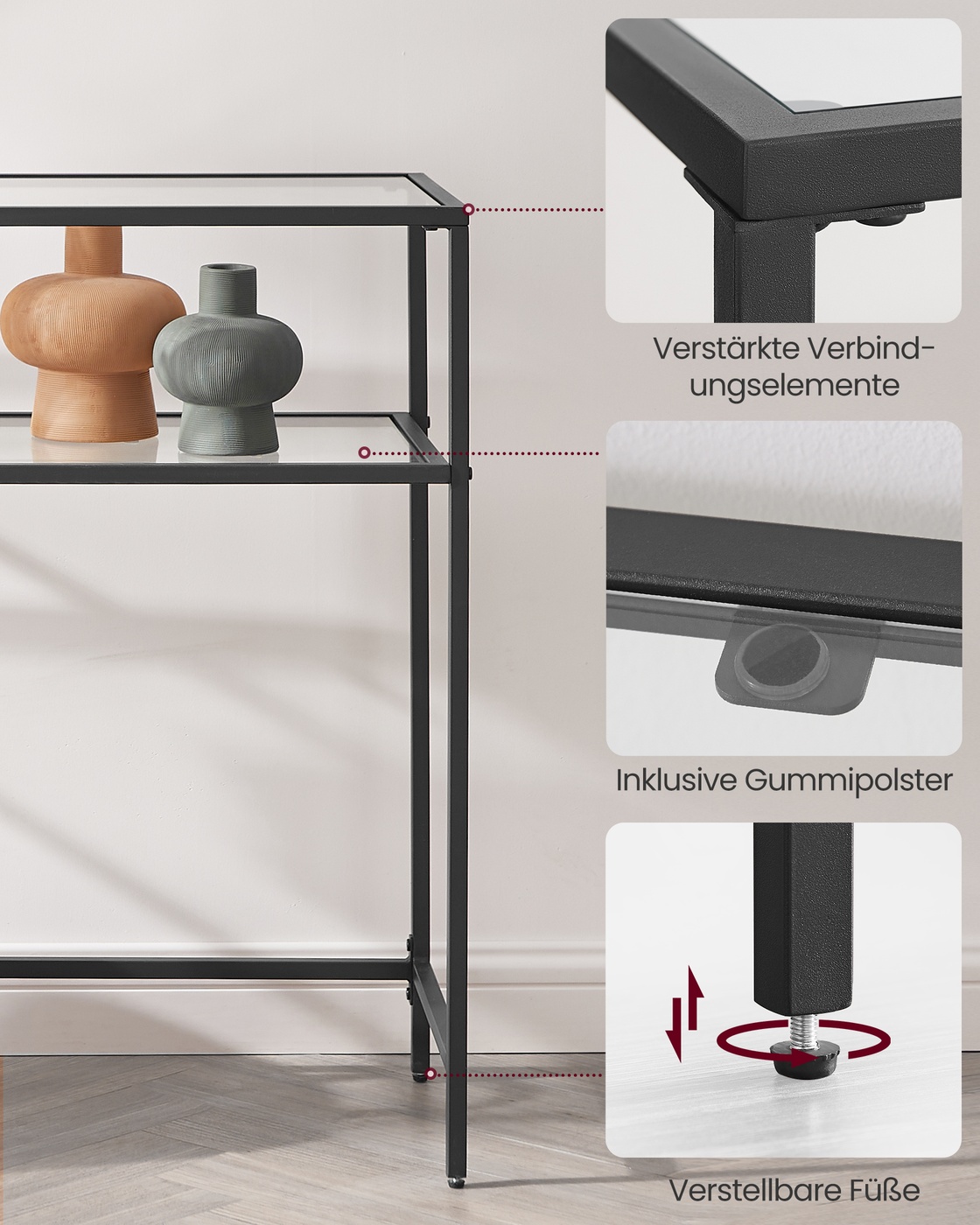 Konsoles galds ar 2 plauktiem, melns, metāls un stikls, 100 x 35 x 80 cm - Image 8